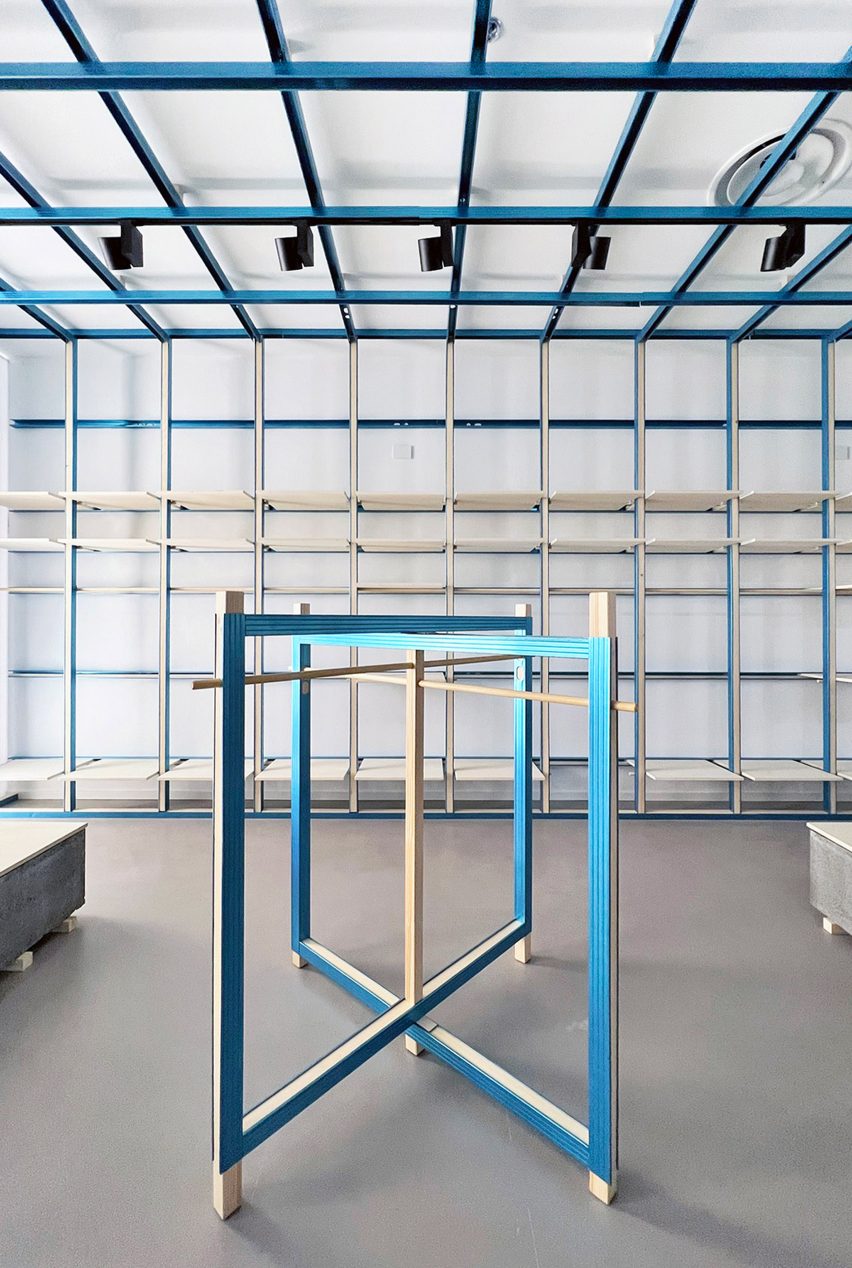ON-OFF store in Milan features gridded blue interior by Francesca Perani and Bloomscape
