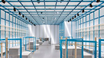 ON-OFF store in Milan features gridded blue interior by Francesca Perani and Bloomscape