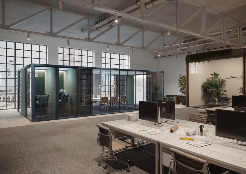 Office with a blue work booth by Kettal