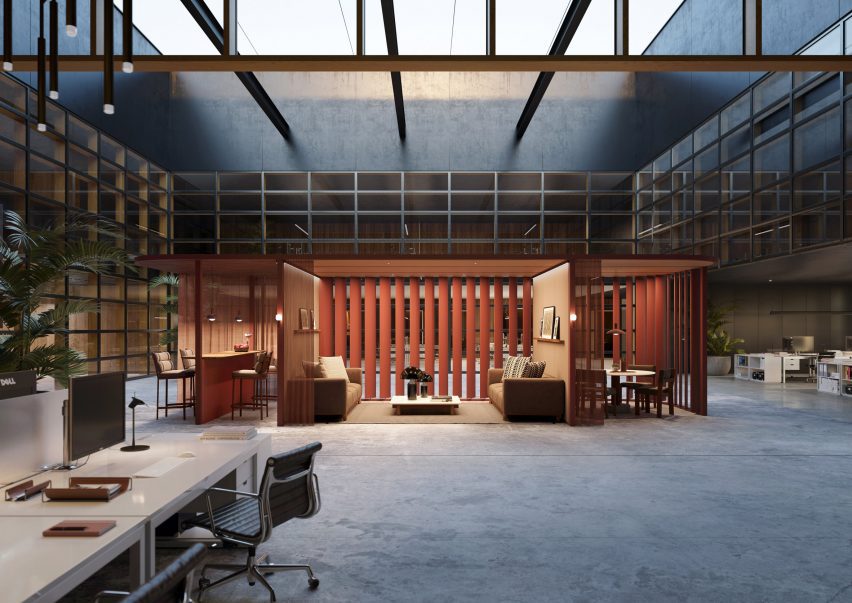 Office with burnt-orange Pavilion O booth at its centre