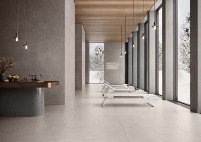 Spa reception interior with large windows and loungers