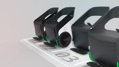 Render of a row of Geo personal electric vehicles by PriestmanGoode