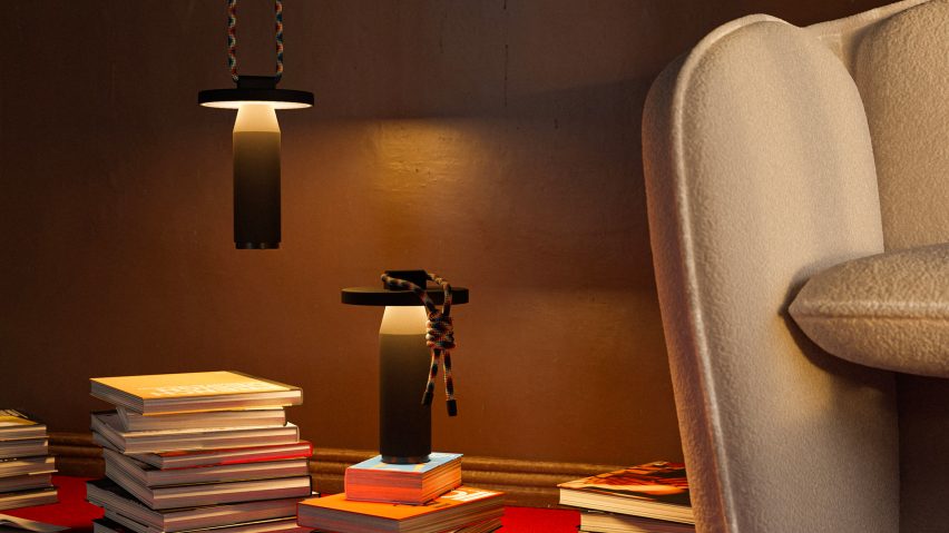 Two Quasar portable lamps by Samy Rio for Petite Friture in a living room