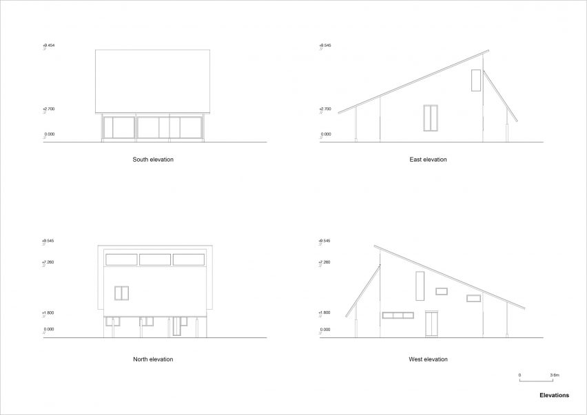 Four elevation drawings of the home in Vietnam by Ra.atelier and NGO + Pasierbinski