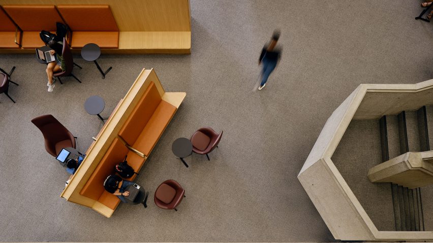 Aerial view of angled furniture