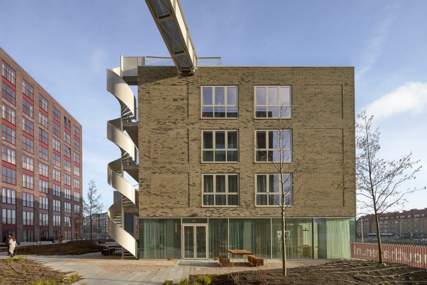 Exterior shot of Domus Houthaven spiral staircase Amsterdam