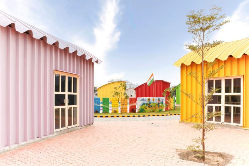 Multi-coloured steel shed structures by Shreesh Design Studio