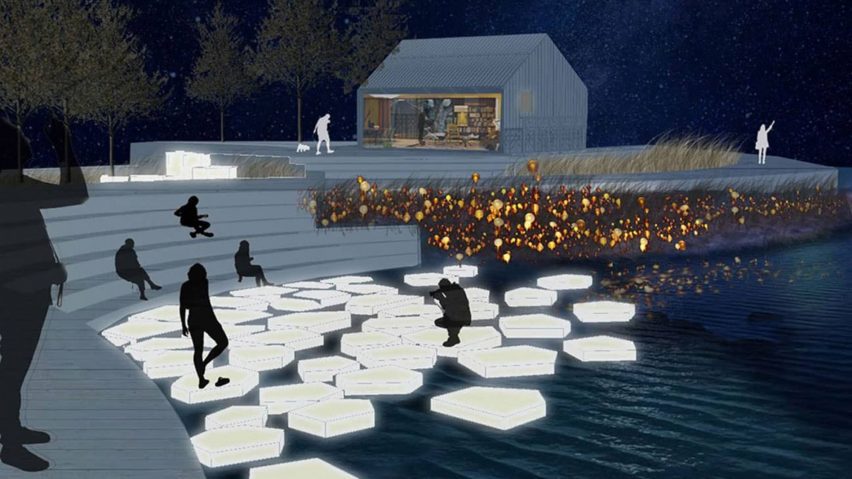 Render of a lake outside a barn with public landscaping