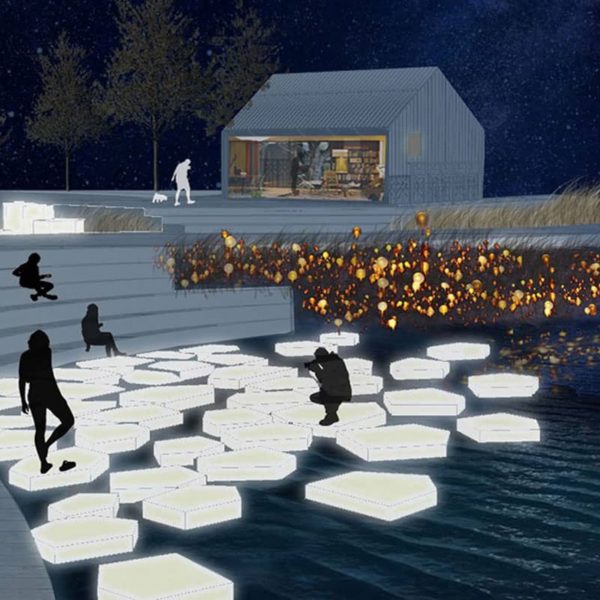 Render of a lake outside a barn with public landscaping