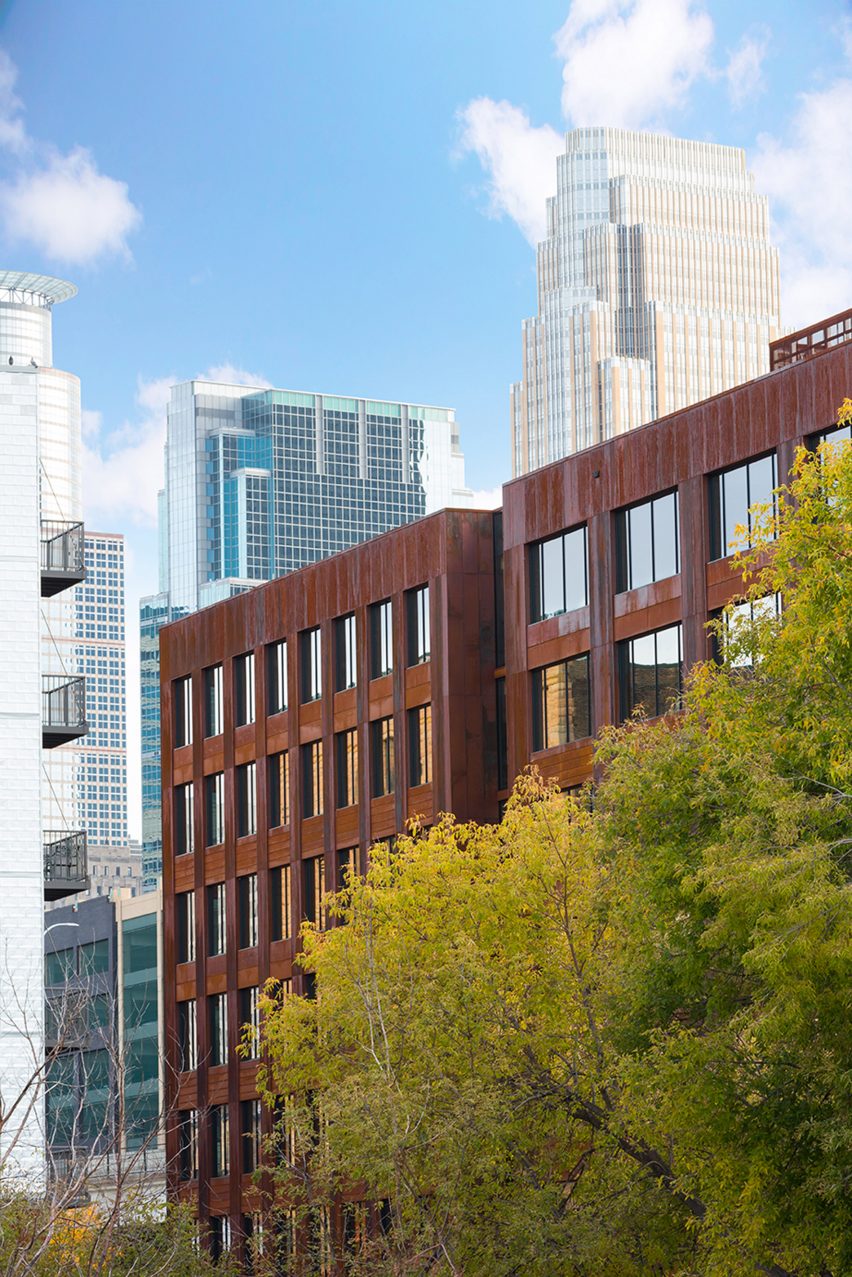 Exterior of the T3 office building by Michael Green Architecture clad in weathering steel