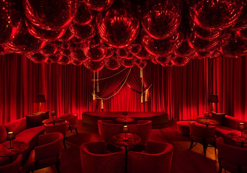 Arts Club room with 350 disco balls on the ceiling