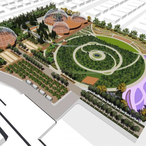 Render of an architectural landscape student project with a large circular garden