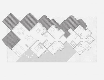 Architectural drawing plan view showing larger and smaller home connected by walkway