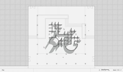Architectural drawing plan view showing maze with grid-like and rounded walls casting shadows