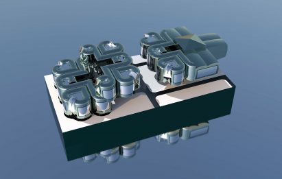 3D model showing two highly polished and reflective houses on blue background