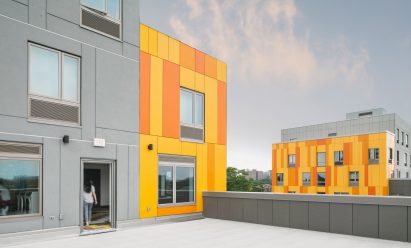 Geometric building with yellow and grey facades