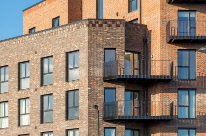 Brickwork facade of Dalston Works in east London by Waugh Thistleton Architects