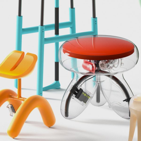 Mix of industrial chairs, including a blue, orange and red chair