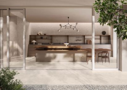 View from a set of sliding doors into a contemporary kitchen
