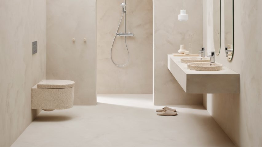 Block toilet and matching wash basins by Woodio in a bathroom