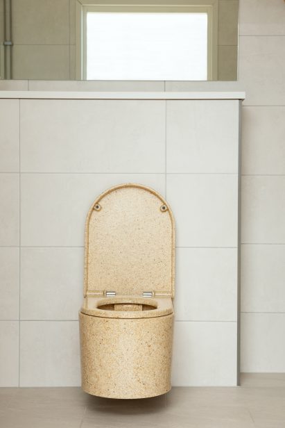 Brown Block toilet made from wood chips