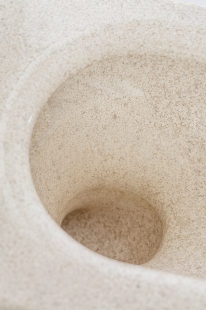 Close up of the inside of a wood composite toilet bowl