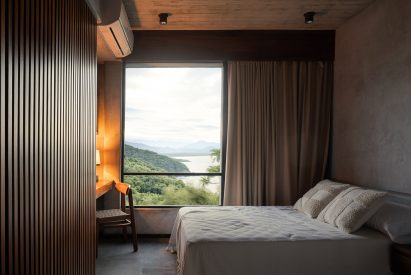 Bedroom designed with muted neutral-hued interiors