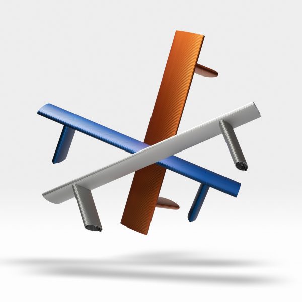Silver, blue and orange benches in mid air