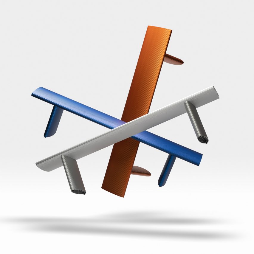 Silver, blue and orange benches in mid air
