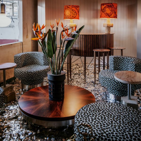 Photo of blue animal-print chairs and wooden furniture