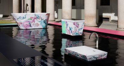 Wang Ziling enveloped the bathroom ware with illustrations that take cues from traditional Chinese scenery paintings