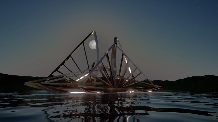 Render of architectural model over water