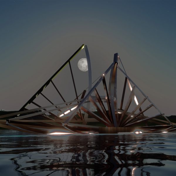 Render of architectural model over water