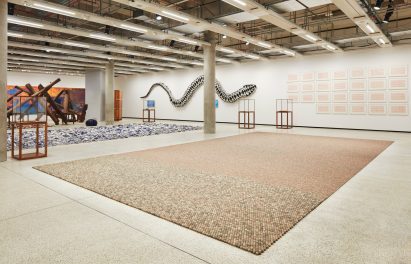 Installation of porcelain cannonballs by Ai Weiwei in the Design Museum in London