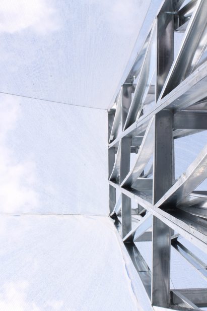 Interior view of fog collector with sky above