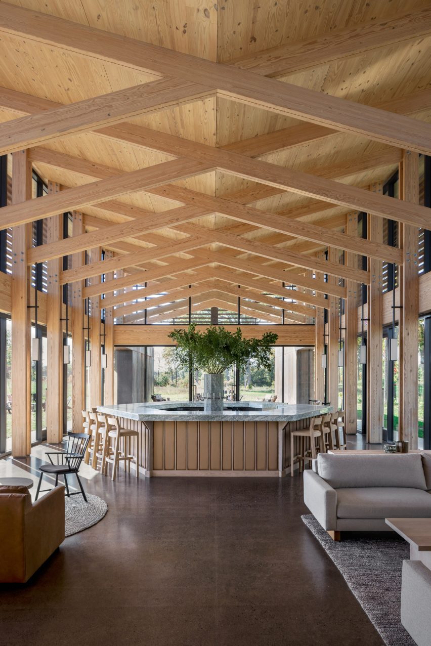 Interior of the Lasting Joy Brewery tasting room with glulam structure and hexagonal bar
