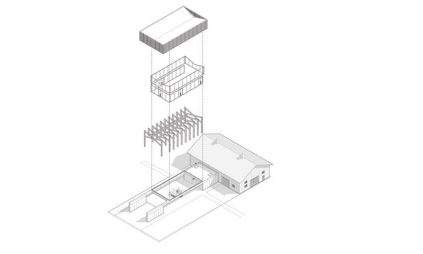Lasting Joy brewery and tasting room exploded axonometric drawing by Aron Himelfarb