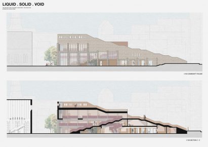 Board showing an elevation and a section of a large building