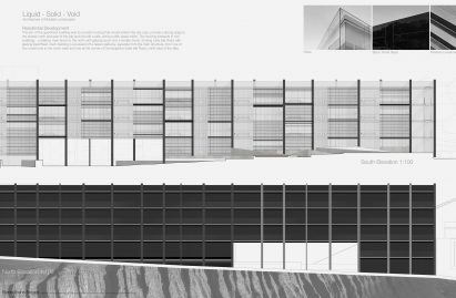 A board showing elevations of a large building