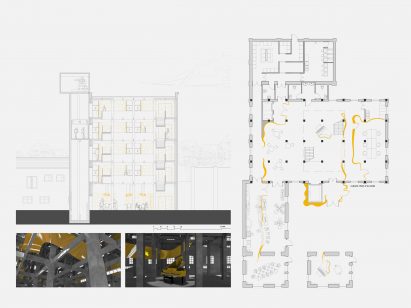 A board showing plan and sectional views of a large building