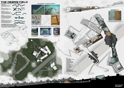 A board showing plan and sectional views of a large building