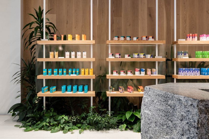 Oak shelves display products