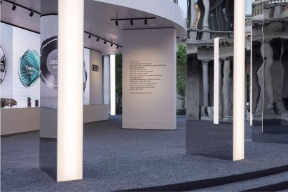 Close up of mirror-clad monoliths featured in Audi's The Domino Act installation in Milan