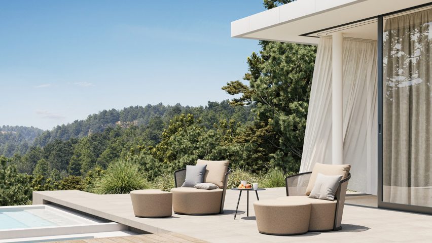 Outdoor seating on poolside terrace
