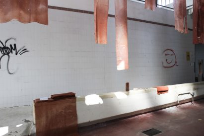 Slabs of biomaterial at Alcova 2023 in a former slaughterhouse, by Natural Material Studio