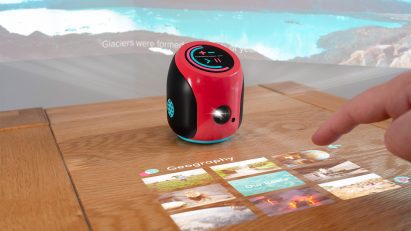 Tabletop device that projects facts and images onto table surface