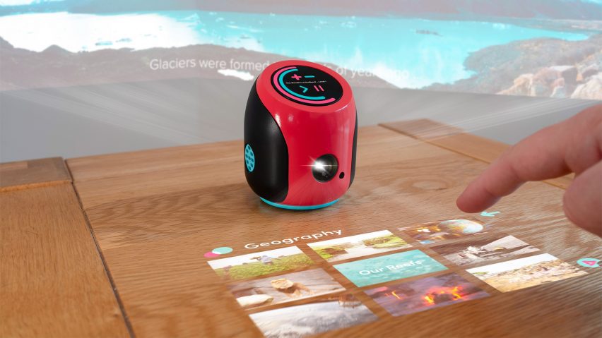 Tabletop device that projects facts and images onto table surface