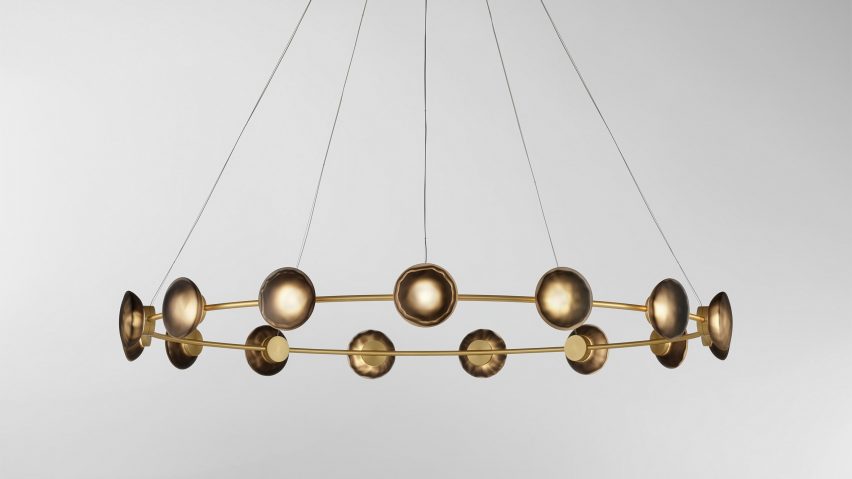 Ceto Circlet chandelier by Ross Gardam with brown glass shades
