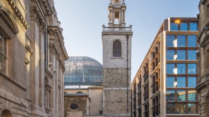 Exterior of St Stephen Walbrook Church situated next to Foster + Partner's Bloomberg headquarters