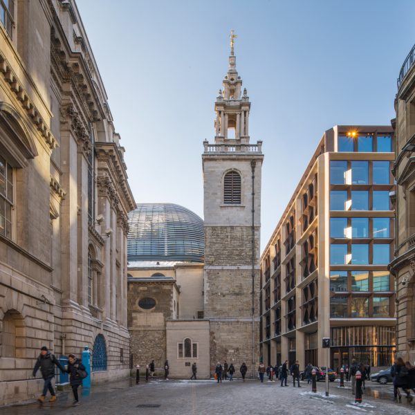 Exterior of St Stephen Walbrook Church situated next to Foster + Partner's Bloomberg headquarters